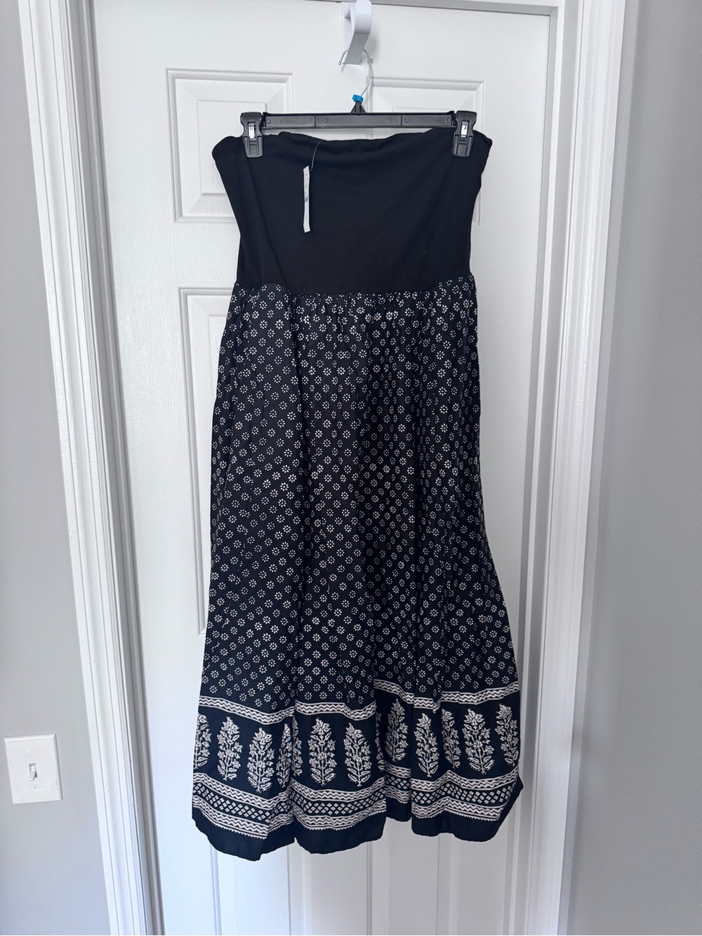 J. Crew Black and White Strapless Patterned Midi Dress